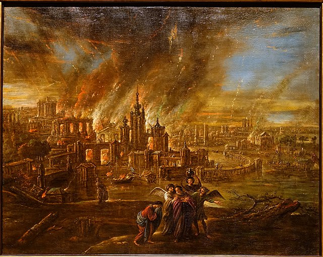 Lot and his family flee the destruction of Sodom and Gomorrah.