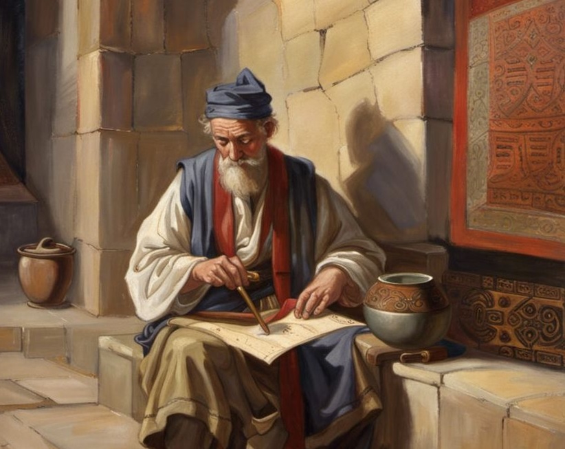 A scholar reading a scroll.