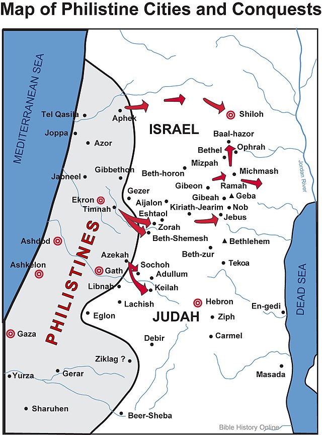 A map of Philistine interactions with Israel.