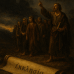 A scroll with the word ecclesia written on it with people behind it staring at an angry sky