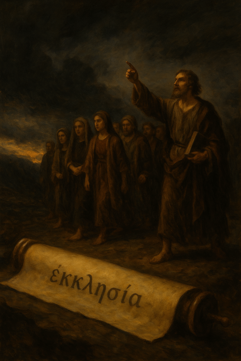A scroll with the word ecclesia written on it with people behind it staring at an angry sky