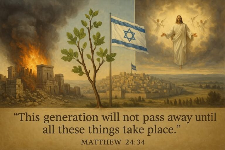 An image of the Israeli flag and a fig tree with Christ in the clouds.