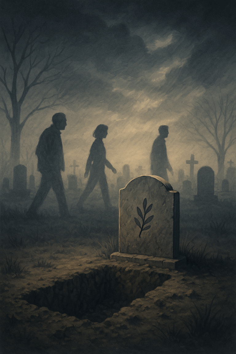People walk by a grave.